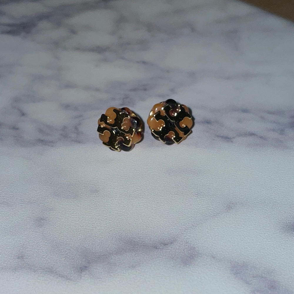 TORY BURCH Logo Navy and Orange Stud Earrings
